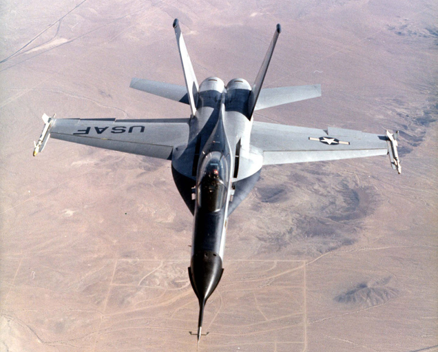 A front view of the YF-17, showing its distinct wing extensions that lent it the nickname Cobra. (US Air Force)